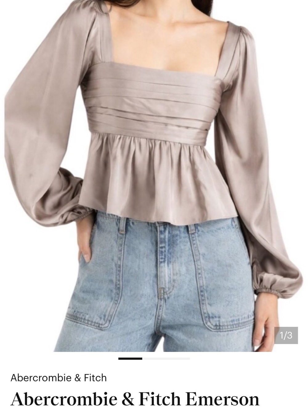 Abercrombie & Fitch Satin Peplum Long-Sleeve Top in Taupe
